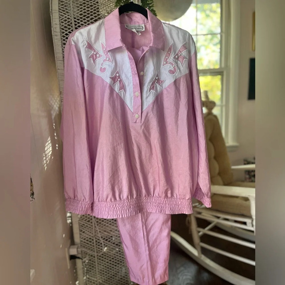 VINTAGE Rare St. Germain Retro 80s Swishy Pink & White Tracksuit Set Size Medium - Picture 12 of 12